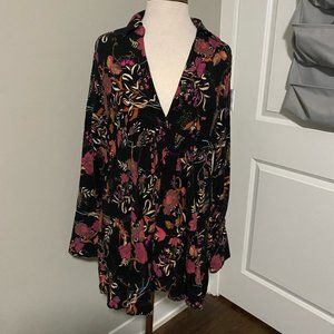 Free People tunic dress floral long sleeve deep v neck high low hem large